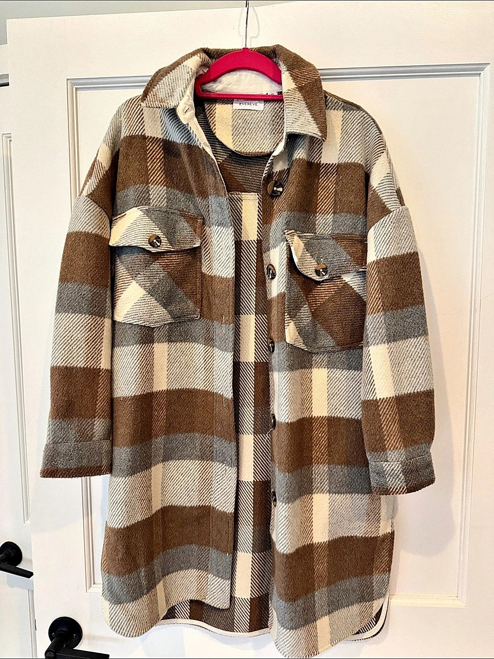 EVEREVE Raye Plaid Longline Shacket Plaid Coat in Brown & Gray Size XS Like New